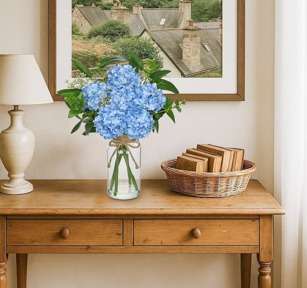 Hollyone Blue Hydrangea Artificial Flowers in Clear Glass Vase with Faux Water Silk Hydrangeas Fake Flowers Floral Arrangement for Home Bathroom Kitchen Office Table Centerpiece Shelf Decorations