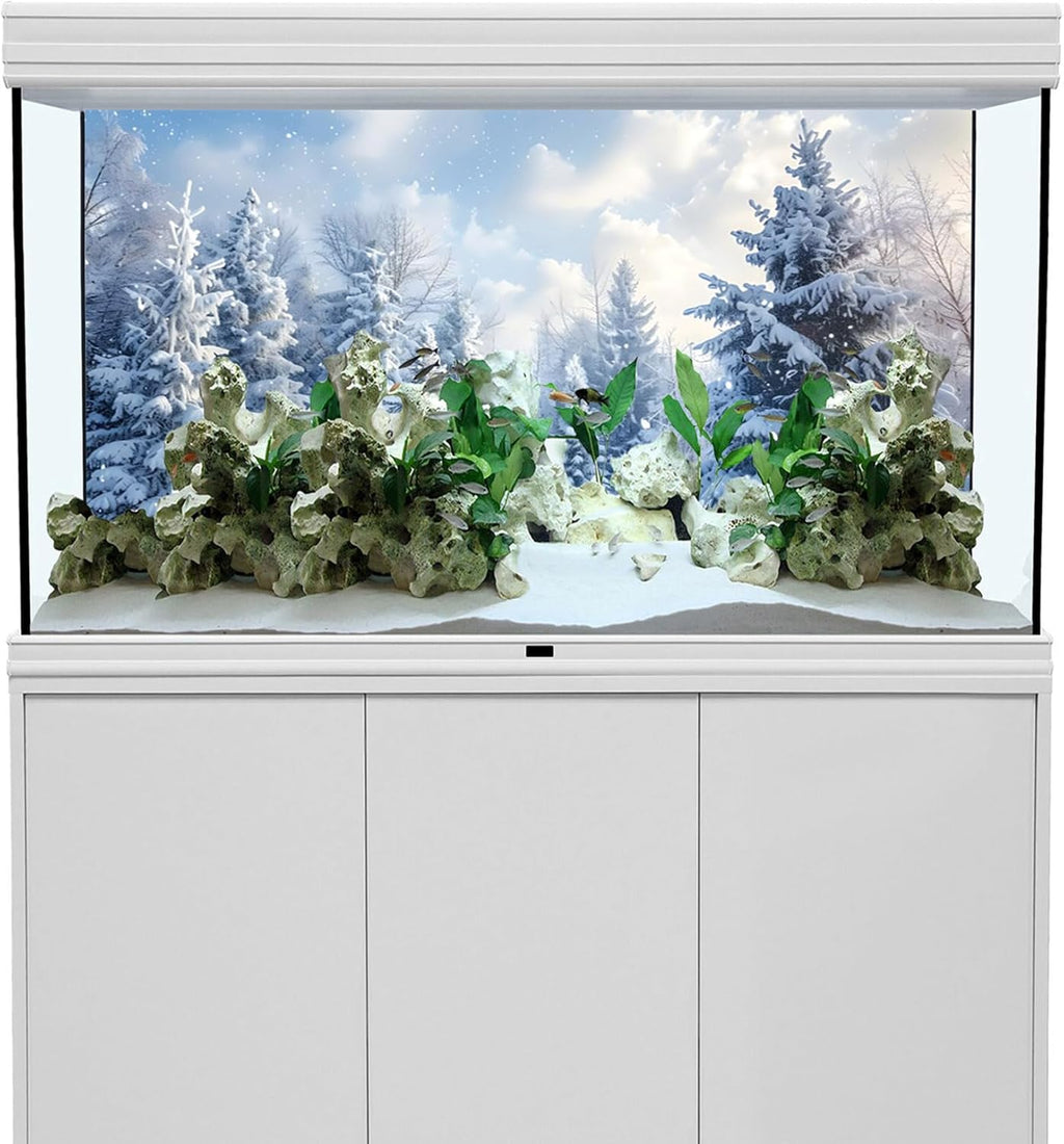 YongFoto Fish Tank Background 72x24 Inch Winter Snow Scene Aquarium Snowfield Pine Forest Rime Blue Sky Backdrop Reptile Terrarium Bearded Dragon Habitat