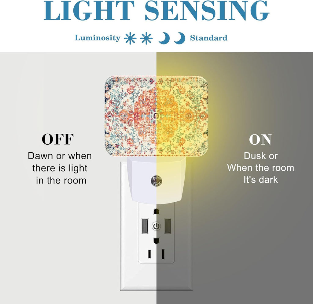 Retro Ethnic Texture Night Light Plug into Wall, Vintage Bohemian Night Light with Dusk to Dawn Sensor for Kid Girls Boys Women Men Bedroom, Hallway, Kitchen, Bathroom, Stairs Decor