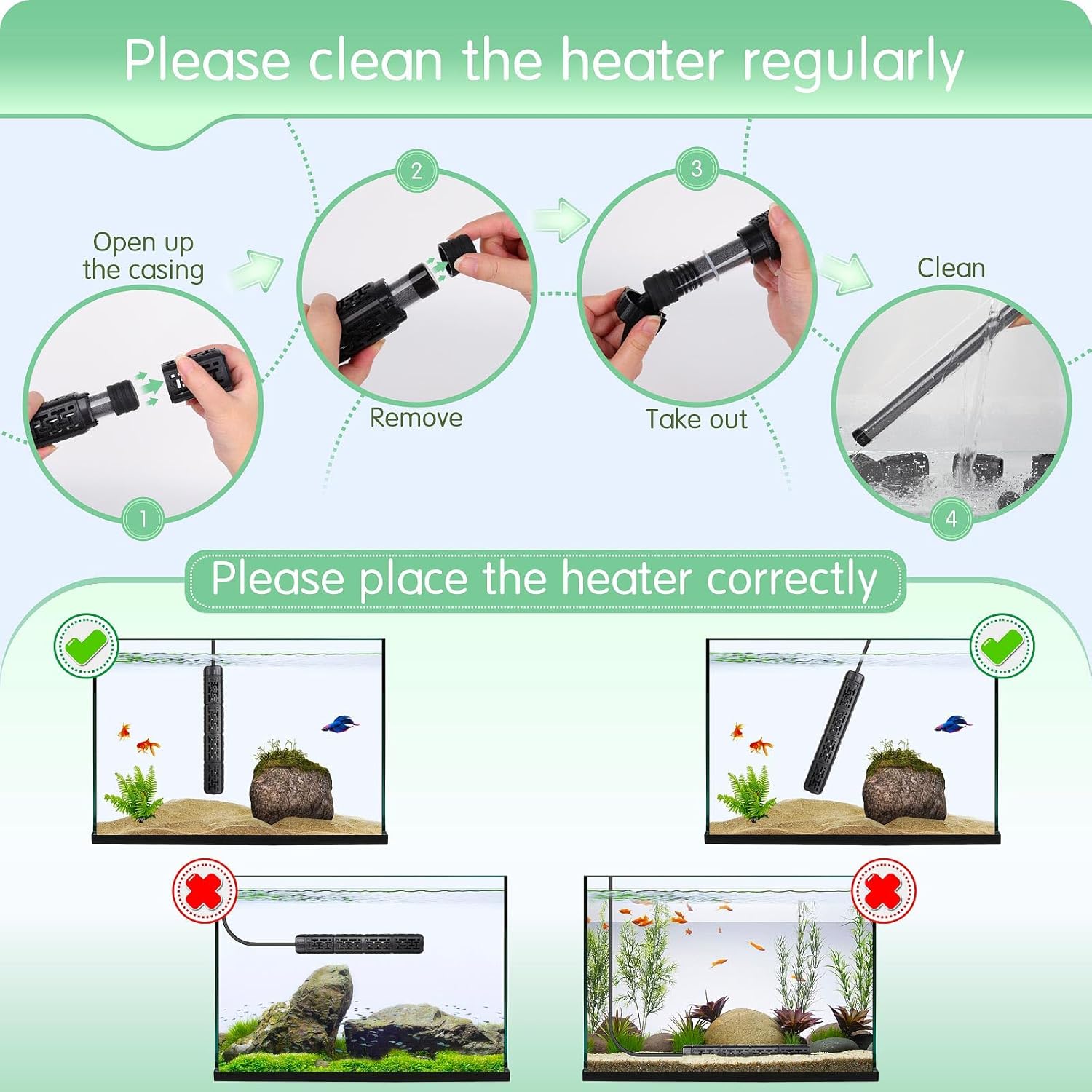 AQQA Fish Tank Heater,Aquarium Heater 50W 150W 250W 400W 500W 800W for 3-220 Gal,Set Temperature 59℉-93℉ Temperature Accuracy,Out of Water or High Temperature Automatic Power Off (200W)