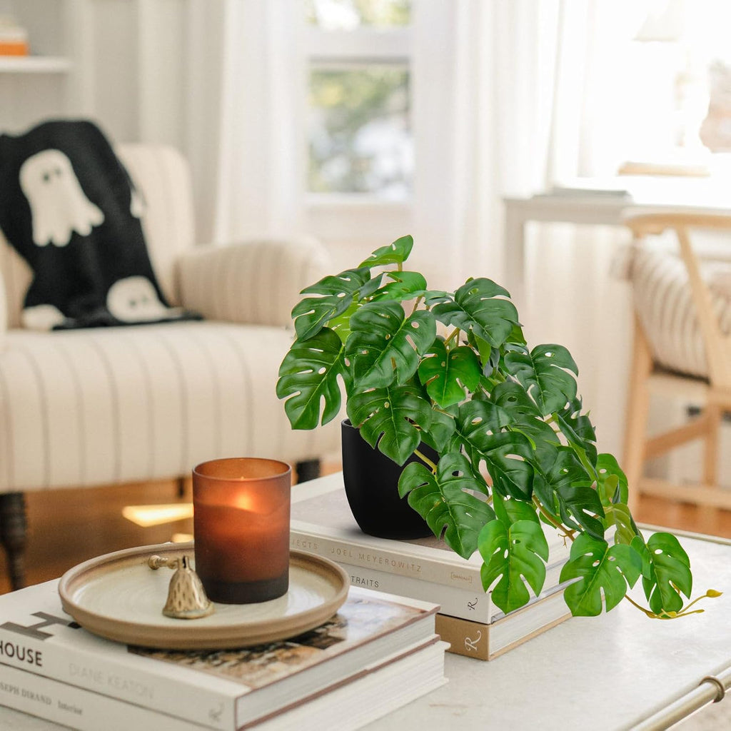 DILATATA Fake Plants Indoor 8 Inch Artificial Monstera Plant in Black Plastic Pot - Faux Potted Tropical Palm Plant for Home Aesthetic Decor Living Room Shelf Office