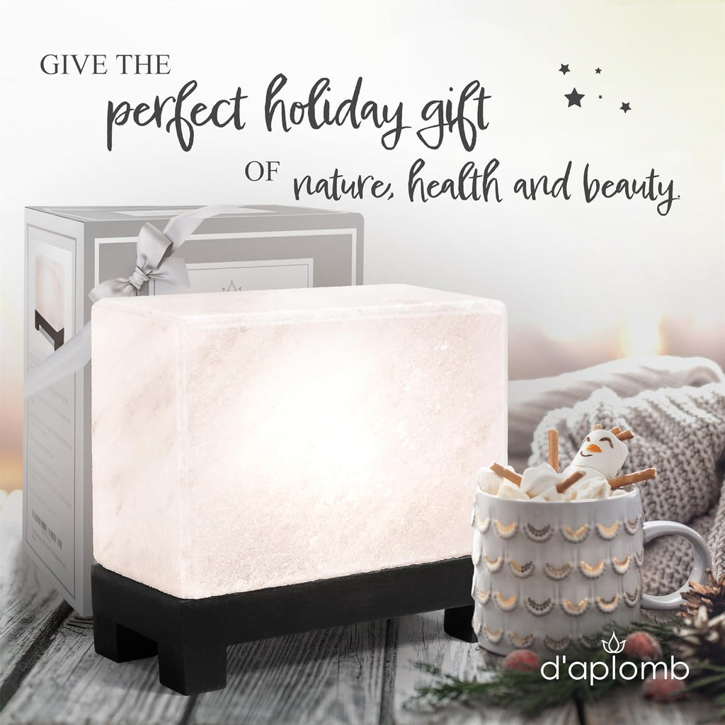 d'aplomb 100% Authentic Natural Himalayan Salt Lamp;Hand-Carved Modern Rectangle Rare White Crystal Rock Salt from The Himalayan Mountain; Footed Wood Base, Dimmer Cord; 11.5 lbs