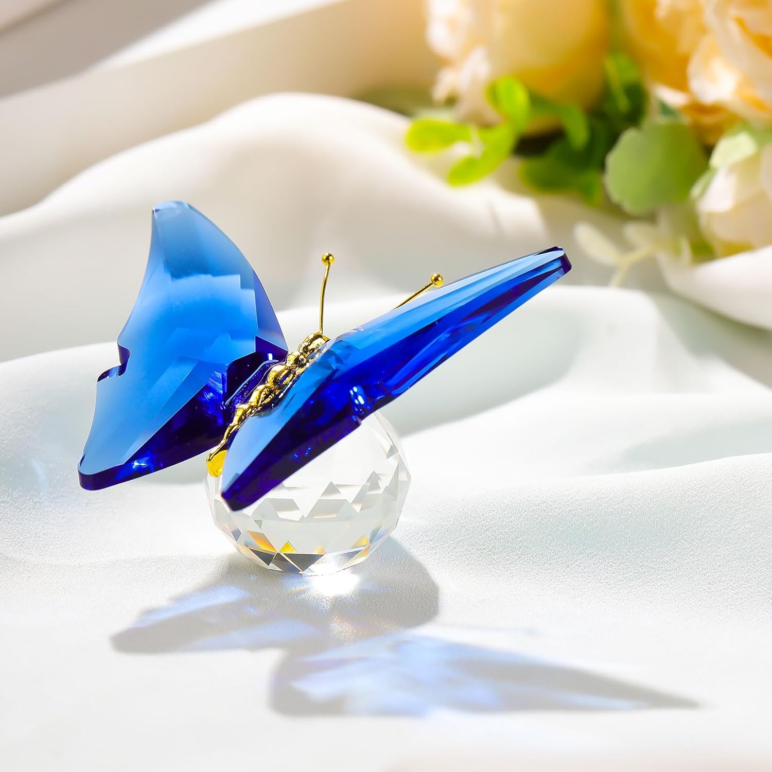 Movdyka Crystal Butterfly for Mom Women Metal Butterfly Room Decor Collection Figurine Blue Glass Butterfly Craft Desk Office Decorations Table Centerpieces