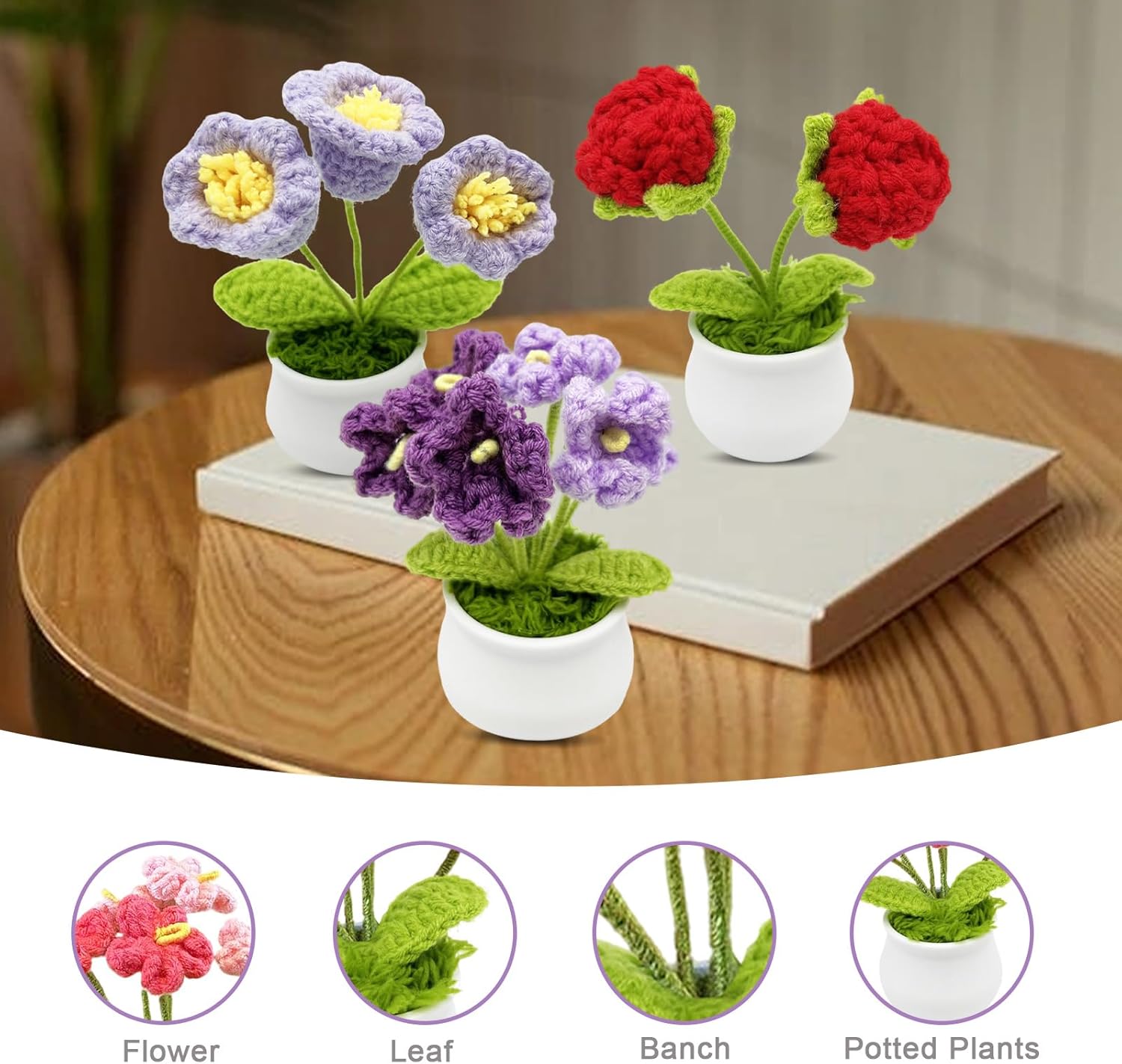 3pcs Crochet Flowers Cute Potted Flower,Mini Flower Bouquet for Mom Wife, Cute Desk Decor for Women,Artificial Handmade Flowers for Car Dashboard,Home Office Decoration (Color#2)