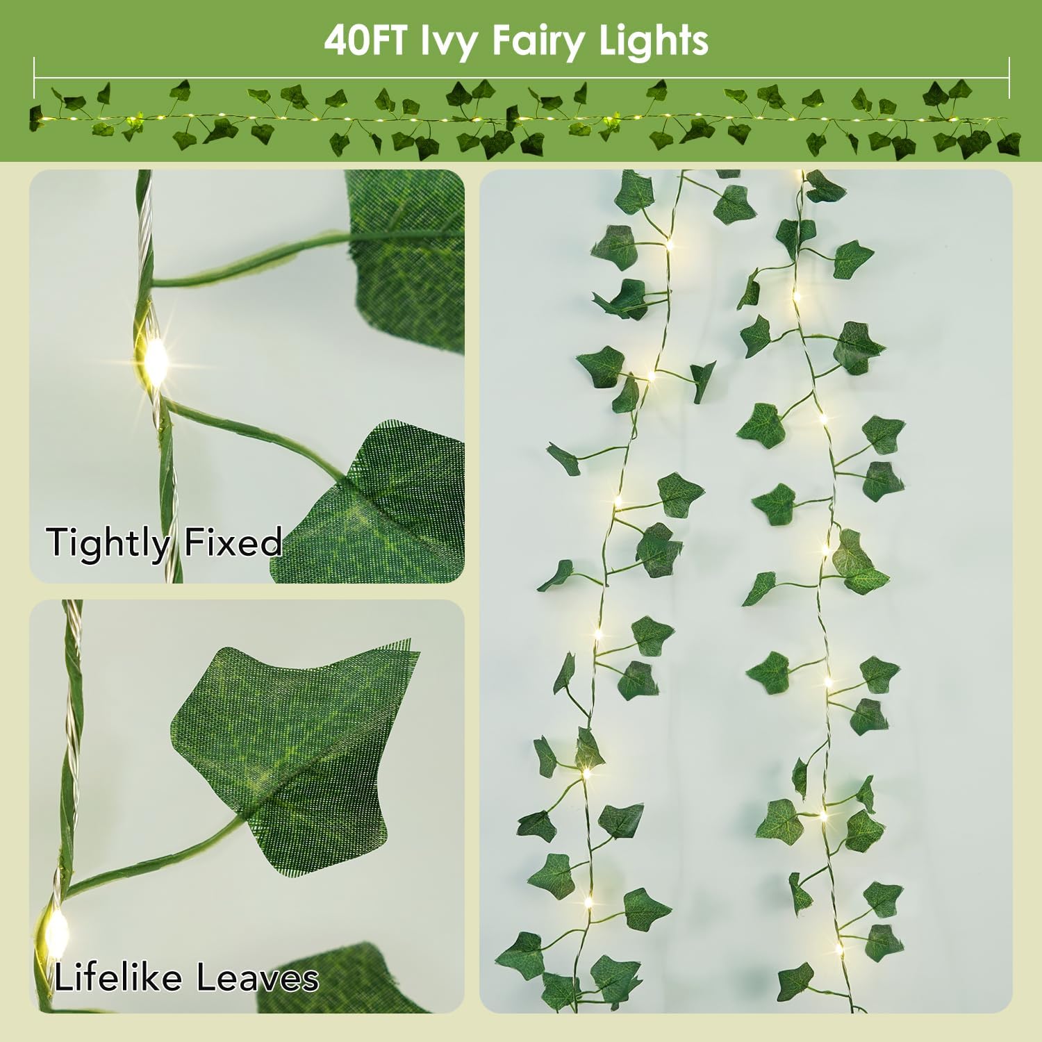 40ft 120 LED Vine Fairy Lights Battery Operated, 8 Modes & Timer Ivy String Lights with Remote, Green Leaf Lights for Indoor Bedroom Classroom Office Wall Garden Party Wedding Decor (Warm White)