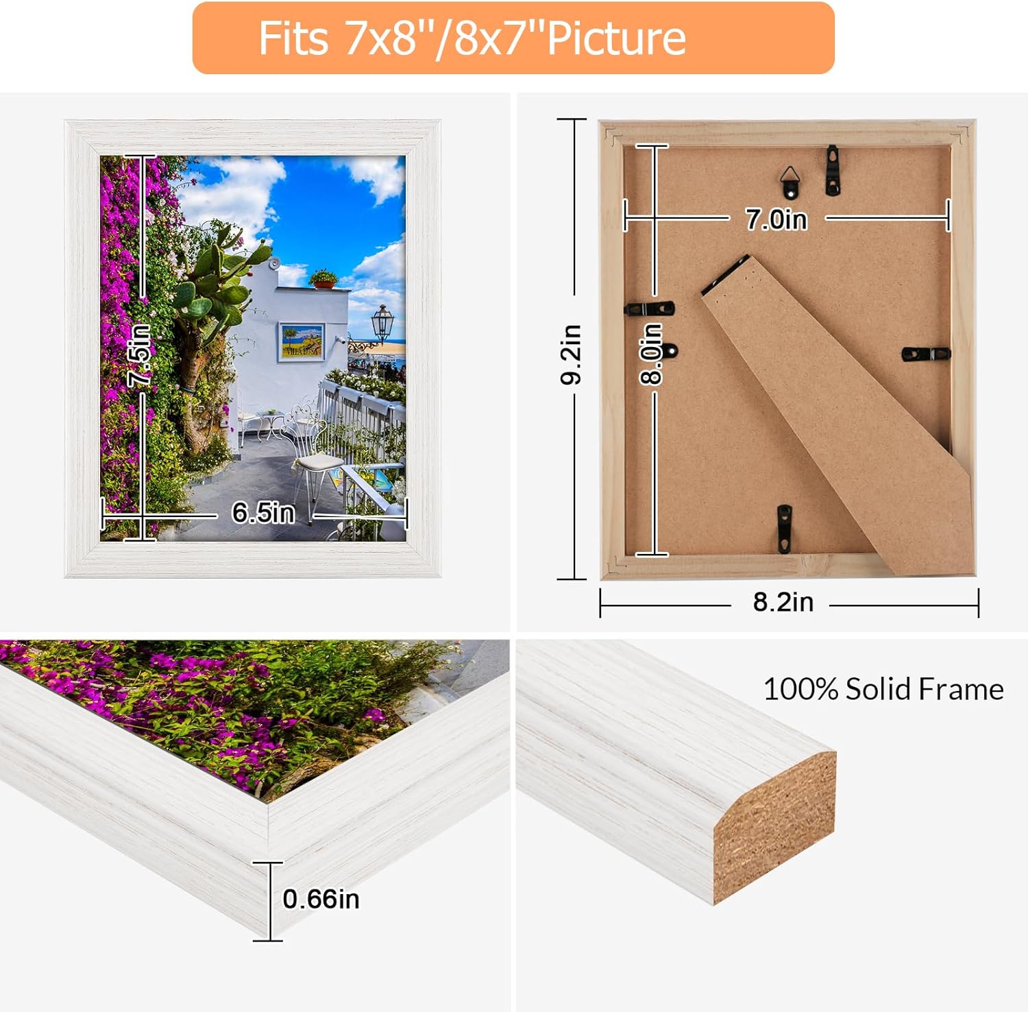 7x8 Wood Frame White, Natural Woodgrain 8x7in Picture Frame, Rustic Wooden 7 x 8 inch Gallery Photo Poster Frame with HD Plexiglass, Horizontal Vertical Wall Mounting Tabletop Display 1Pcs