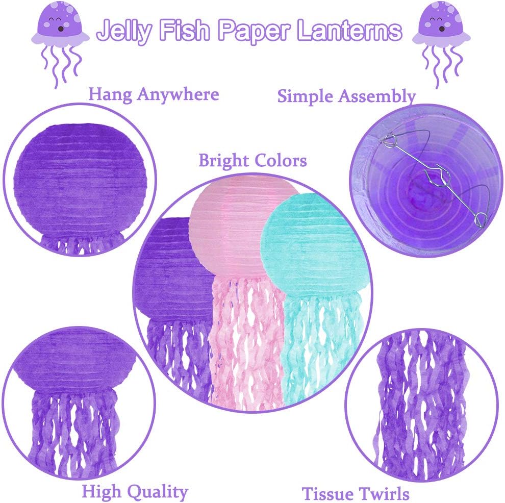 Jelly Fish Paper Lanterns, Pink Purple Blue Hanging Lantern for Mermaid Theme Under The Sea Ocean Birthday Party Decorations Set of 6