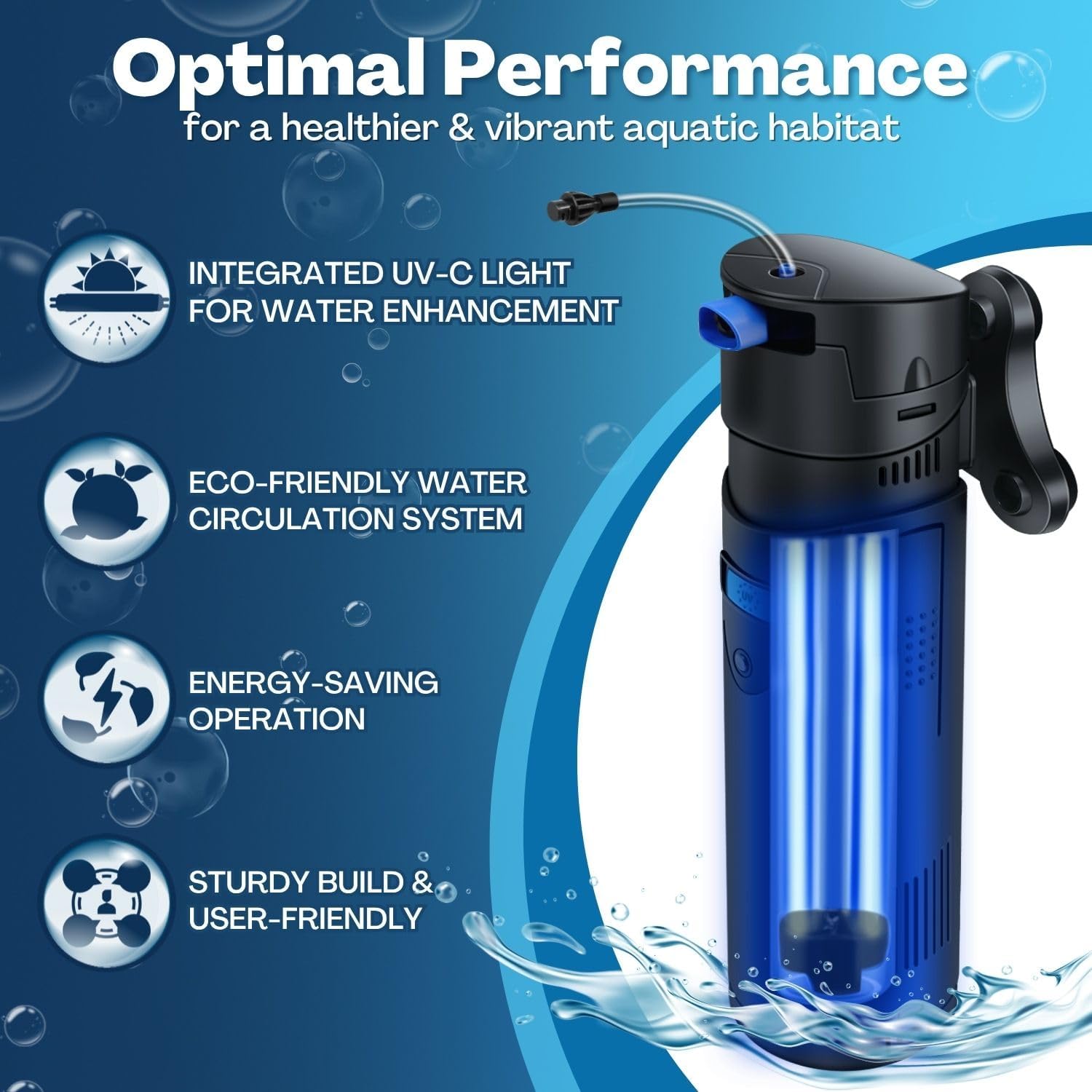Flexzion Aquarium Filter U-V, 100 Gallon Fish Tank Filter with U-V Light for Green Control Cleaning, 200GPH Submersible Aquarium Pump for Turtle Tank, Freshwater Crystal Clear & Saltwater