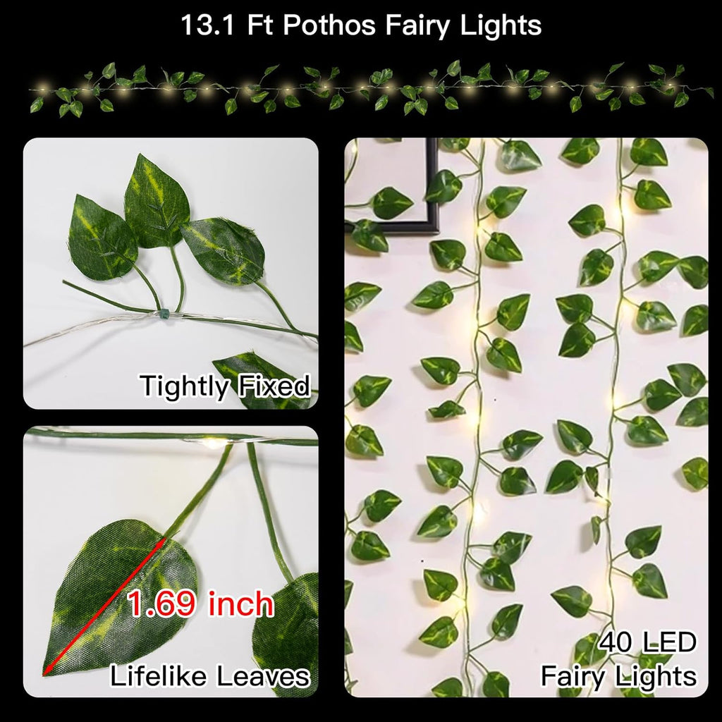 suddus Vine with Fairy Lights Battery Operated, 13.1ft 40 LED Pothos String Lights with Remote, Leaf Lights for Bedroom, Room, Wall, Garden, Party, Wedding Decor(Warm White)