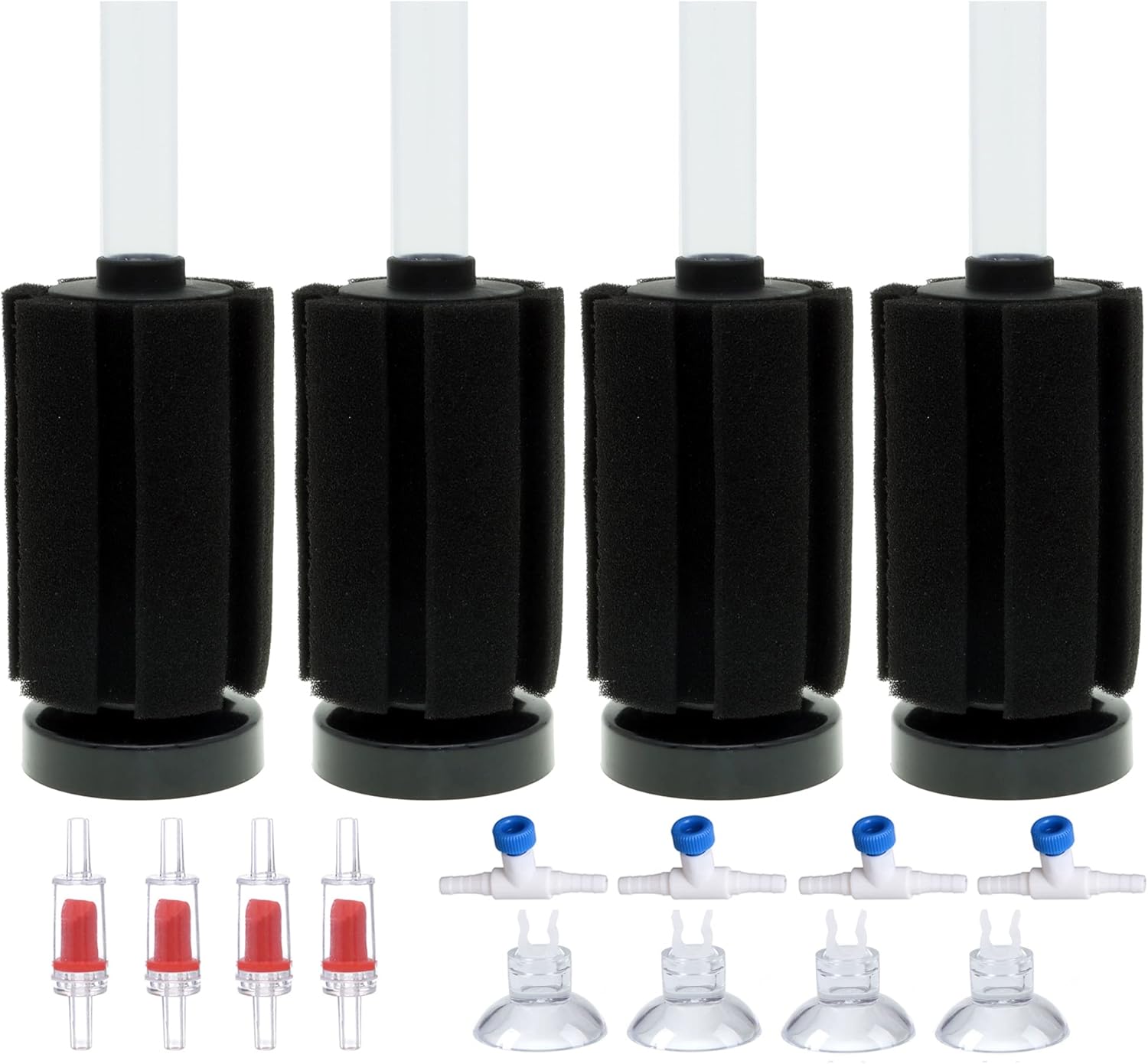 ALEGI 4pcs Small Aquarium Bio Sponge Filter with Suction Cups, Check Valves for 5 Gal, 10 Gal, 20 Gal Breeding Fry Betta Shrimp Fish Tank (Up to 20 Gallon 4 Pcs (Cylinder))