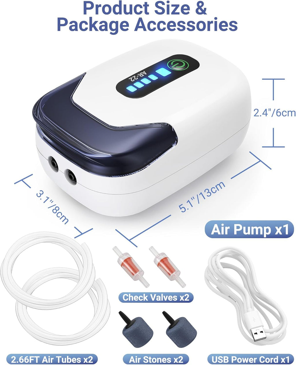 Aquarium Air Pump, Rechargeable Portable Oxygen Pump with Single/Dual Outlets, Quiet Aerator for Fish Tank up to 30/70 Gallon, Outdoor Fishing, Fish Transport and Power Cut.