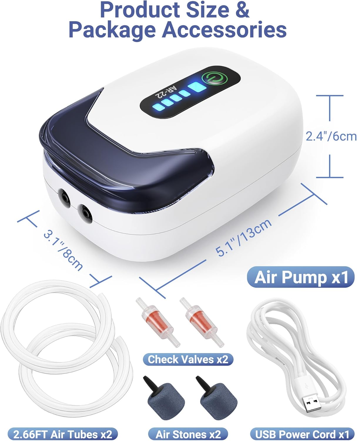 Aquarium Air Pump, Rechargeable Portable Oxygen Pump with Single/Dual Outlets, Quiet Aerator for Fish Tank up to 30/70 Gallon, Outdoor Fishing, Fish Transport and Power Cut.