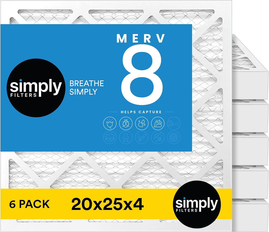 Simply 20x25x4 Air Filter, MERV 8, 6 Pack, Furnace Air Filter for HVAC (Actual Size:19.5"x24.5"x3.63") DUST, Pet, & Allergy Control