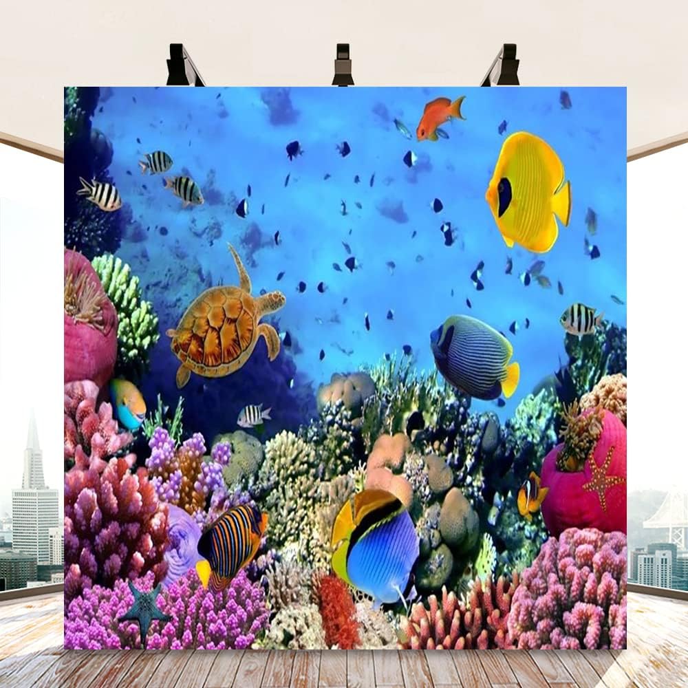 AOFOTO 10x10ft Underwater Ocean Coral Reef Backdrop Under The Sea Tropical Fish Sea Turtle Marine Life Photography Background Seabed World Nature Scene Aquarium Decor Kids Portrait Photo Shoot Props