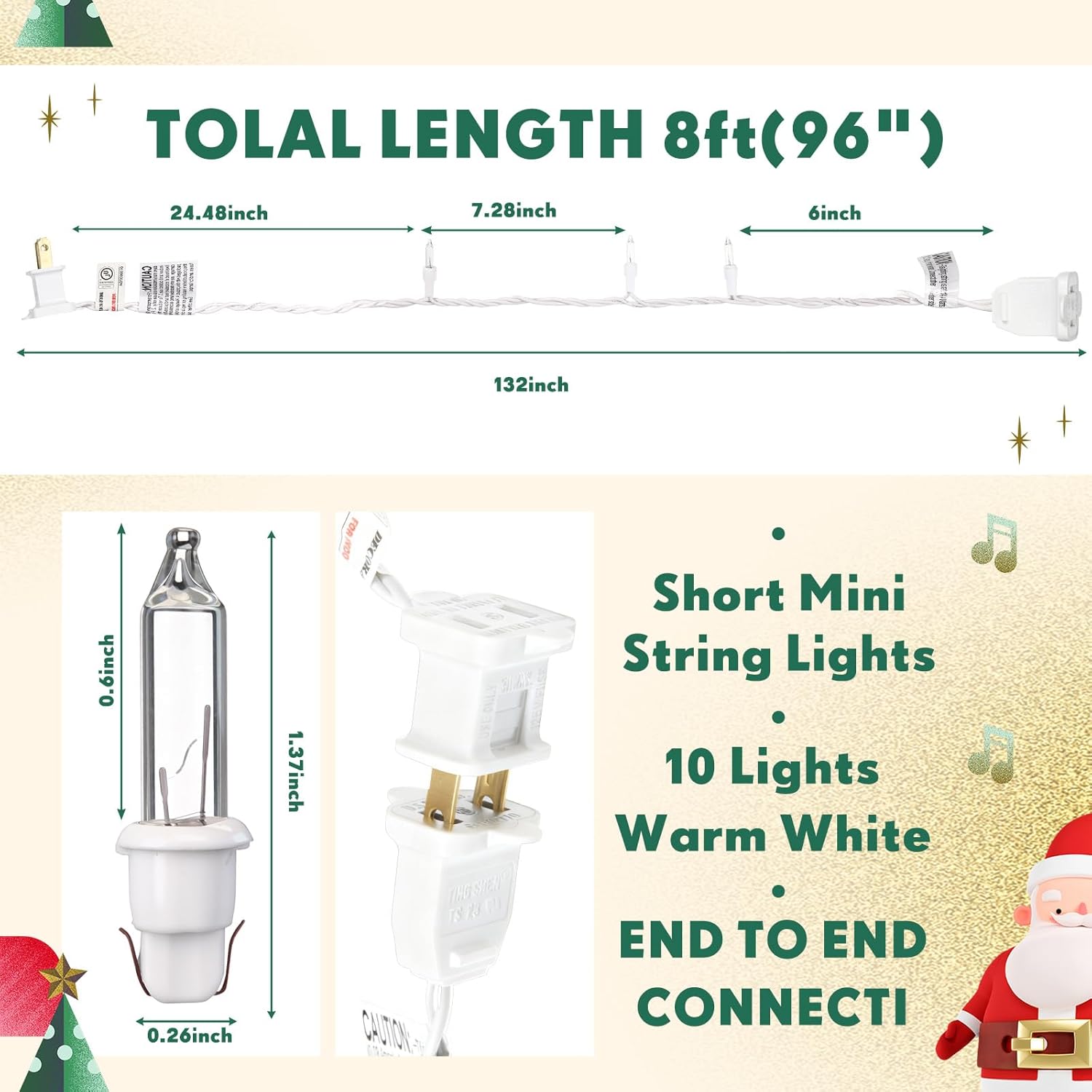 Mini Christmas Lights String Warm White Vintage Short Strand String Lights, Clear Bulbs Wire Fit Light up Christmas Decorations(10 Bulbs Connectable,8ft,White)