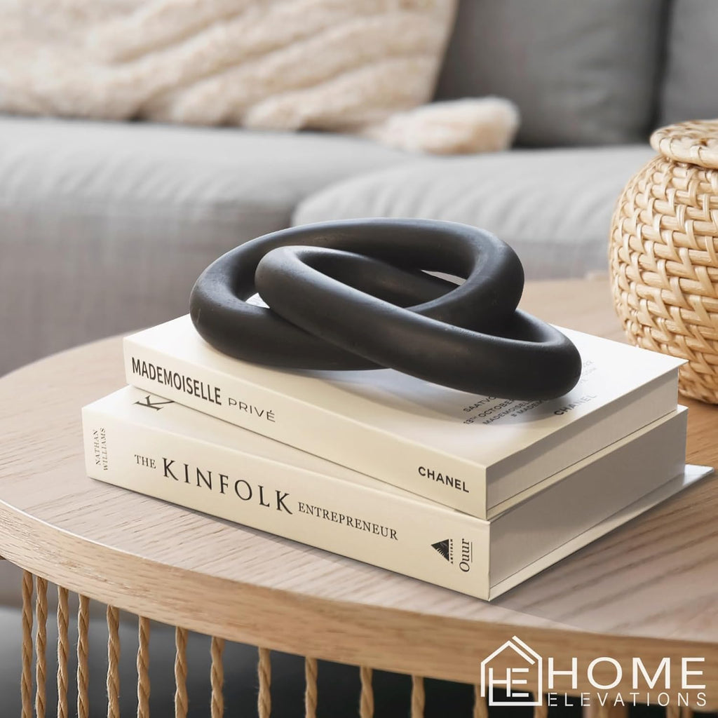 Wood Chain Link Decor – 13” Black Wooden Decorative Object for Coffee Table Decor & Neutral Decor for Home – Modern Knot Accent for Shelf Styling, Books, or Housewarming Gifts