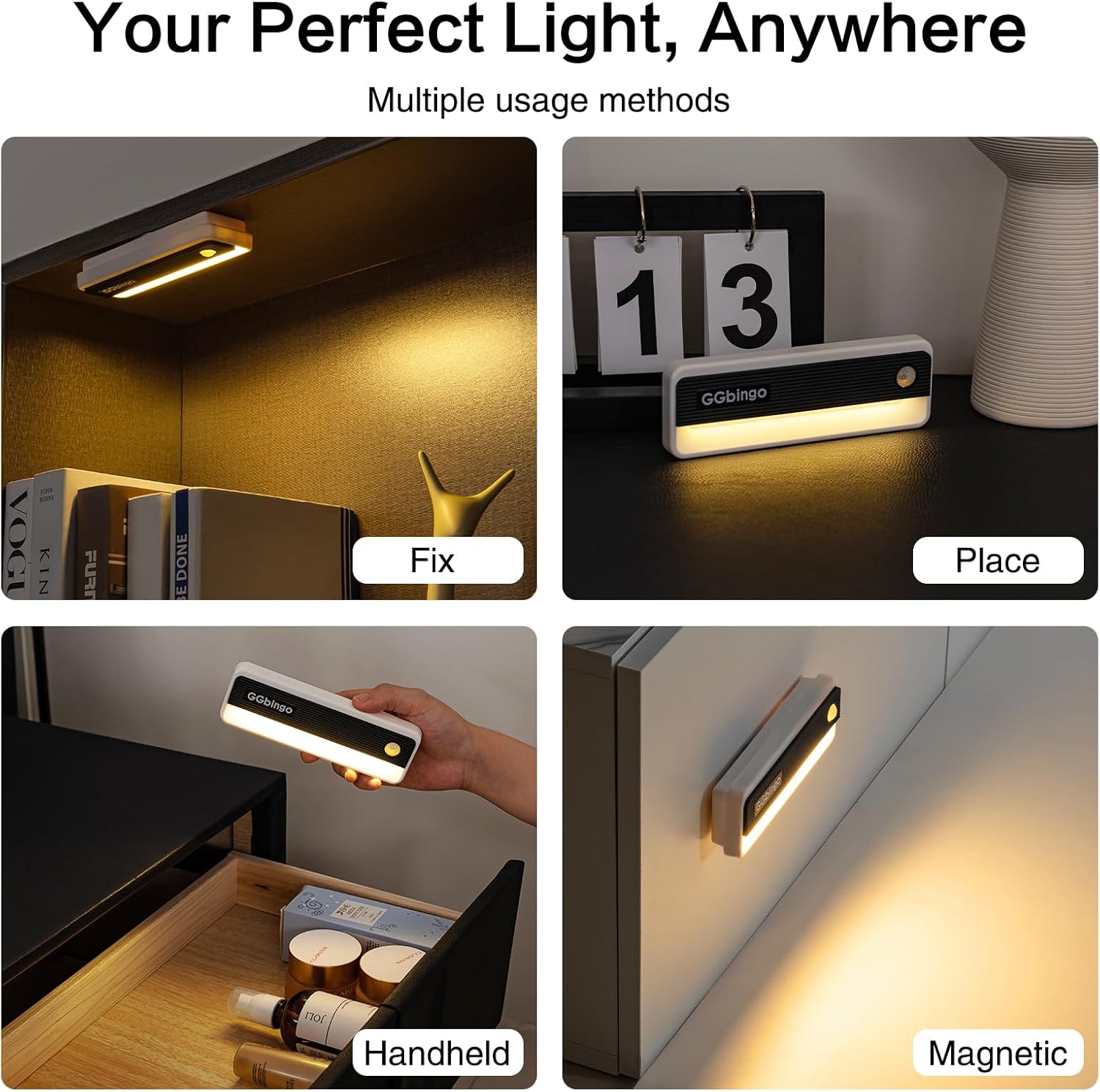 Motion Sensor Night Lights, 1800mAh Rechargeable Motion Activated Night Light, 3000K Battery Operated LED Sensor Light Indoor for Stair, Bedroom, Stairway, Hallway, Kitchen, Cabinet, Closet