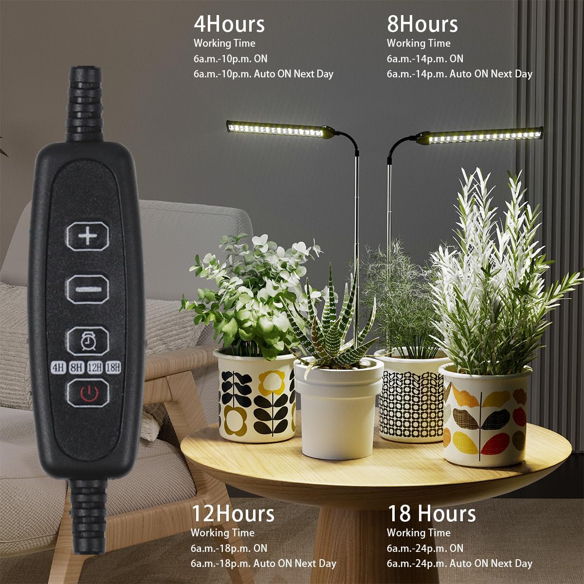 LED Grow Light 2 Pack, 6000K White Full Spectrum 144 LED Gooseneck Growing Lamp for Indoor Plants Growth,4 8 12 18Hrs Timer & Brightness Changeable,Insert Pole Extendable 4-10''
