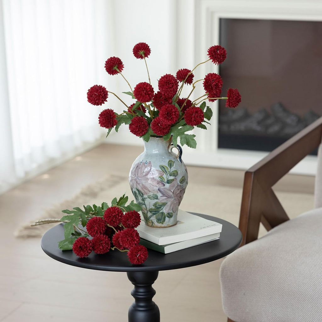 mizii 6Pcs Red Fake Silk Pompon Mum Artificial Flowers Bulk Small Faux Chrysanthemums with Stems Realistic Floral Decorations for Wedding DIY Bouquet Centerpieces Shower Vase Home Decor (Red)