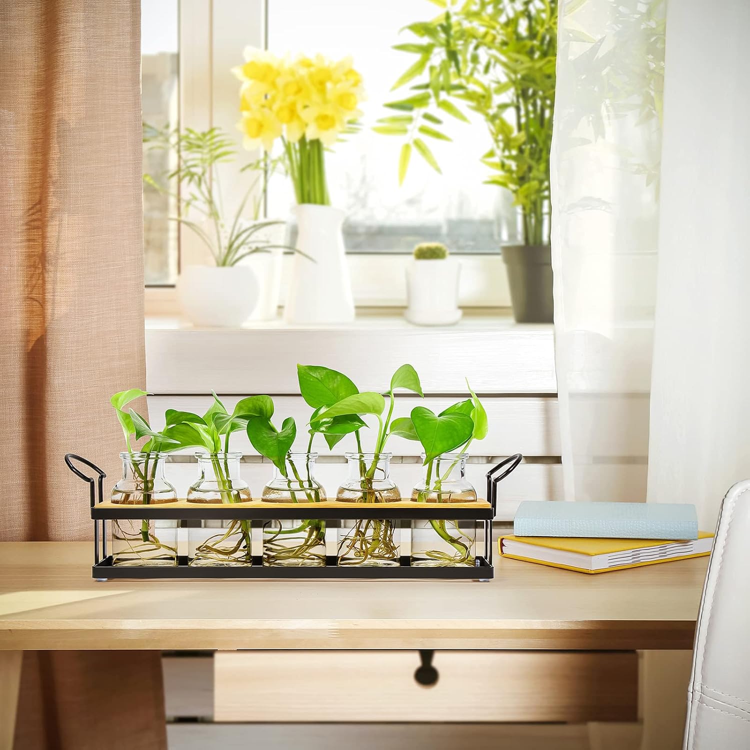 THYGIFTREE Plant Propagation Stations with Metal Stand, Tabletop Plant Terrarium for Propagating Hydroponic, Retro Glass Planter Flower Vase Home Kitchen Office Decor Gifts, 5 Jars