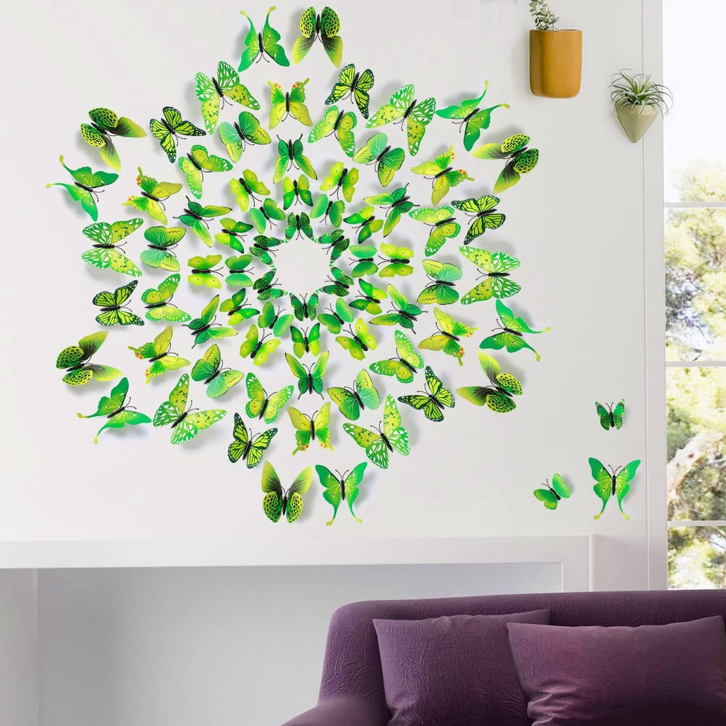 LiveGallery 72 PCS Green Removable 3D DIY Beautiful Butterfly Wall Decals Colorful Butterflies Art Decor Wall Stickers Murals for Kids Baby Boy Girls Bedroom Classroom Offices (Green)