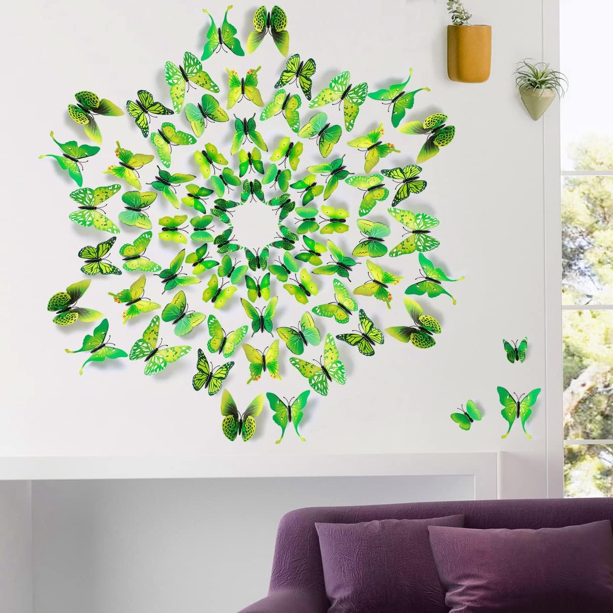 LiveGallery 72 PCS Green Removable 3D DIY Beautiful Butterfly Wall Decals Colorful Butterflies Art Decor Wall Stickers Murals for Kids Baby Boy Girls Bedroom Classroom Offices (Green)