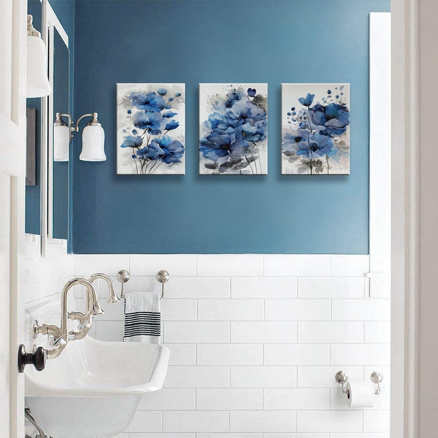 Blue Flowers Canvas Wall Art for Bedroom Home Decor - Artwork for Wall, Abstract Floral Wall Decor Print -Bathroom, Living Room, Kitchen Decor - Ready to Hang 3 Patchwork, 12x16inchx3pcs
