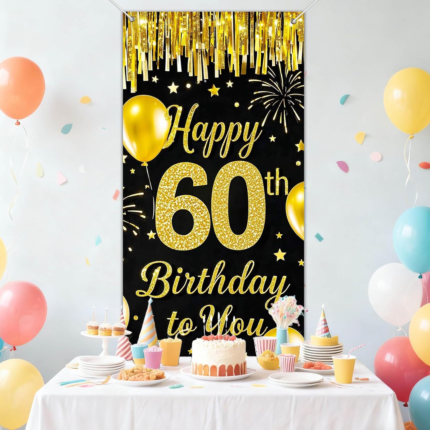 IVN 60th Birthday Door Cover 71x35 Inch Black Gold Birthday Banner for Party Decorations Balloons Stars Fireworks Backdrop Sign for Men Women Photo Booth Prop Wall Decor