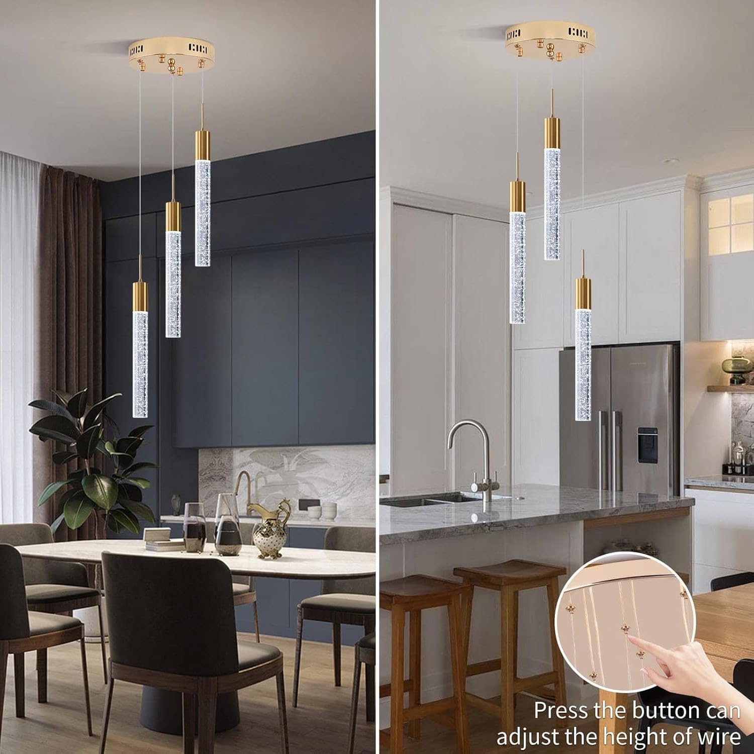 Modern Crystal Chandelier 3-Lights, Spiral LED Raindrop Kitchen Island Pendant Lighting, Bubble Foyer Dinimg Room Hanging Light Fixture Remote Control Gold