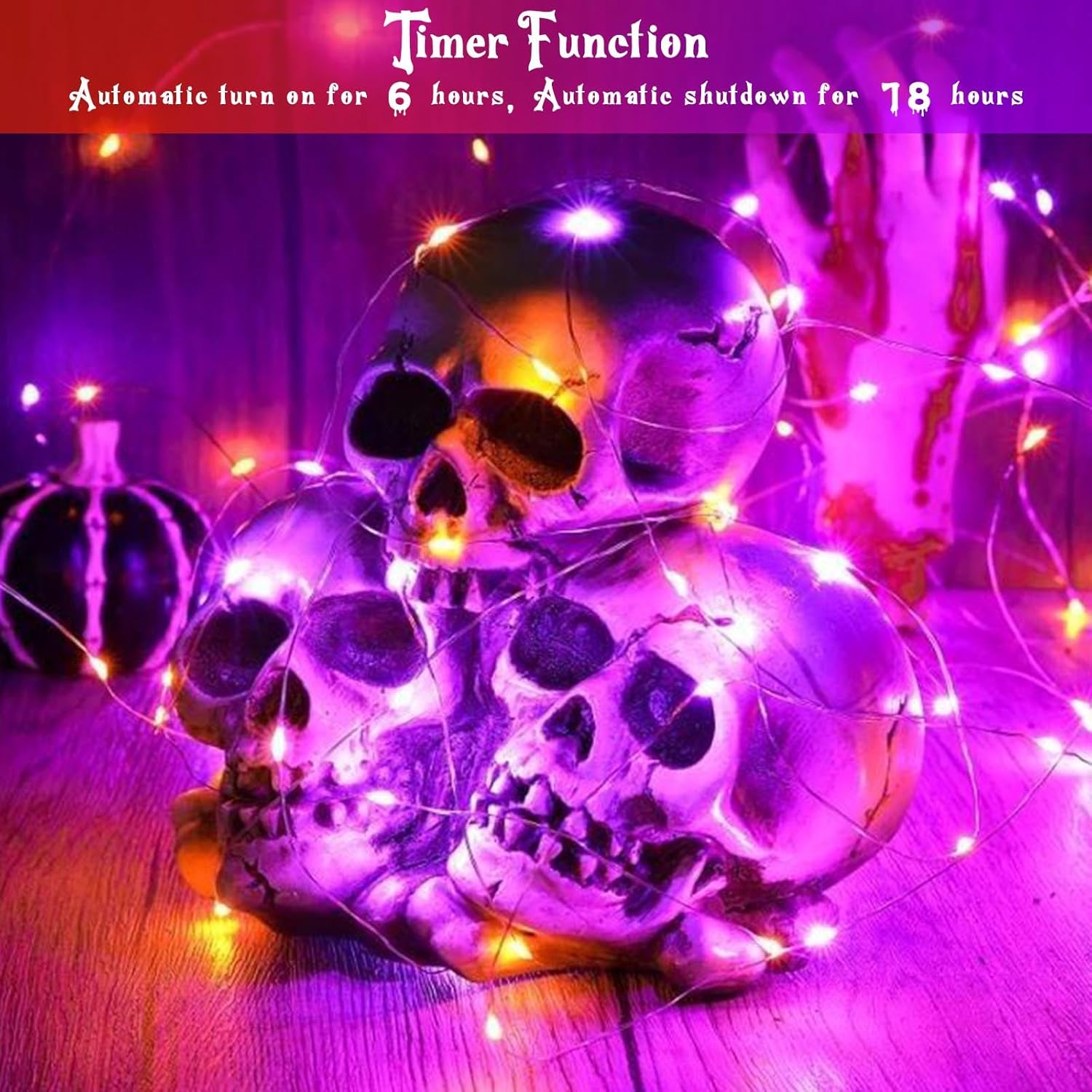 4-Pack 50 LED Orange and Purple Fairy Lights Battery Operated with Timer, 16FT Waterproof Starry Halloween String Lights Outdoor Indoor for Bedroom Wedding Birthday Halloween Horror Parties Decoration