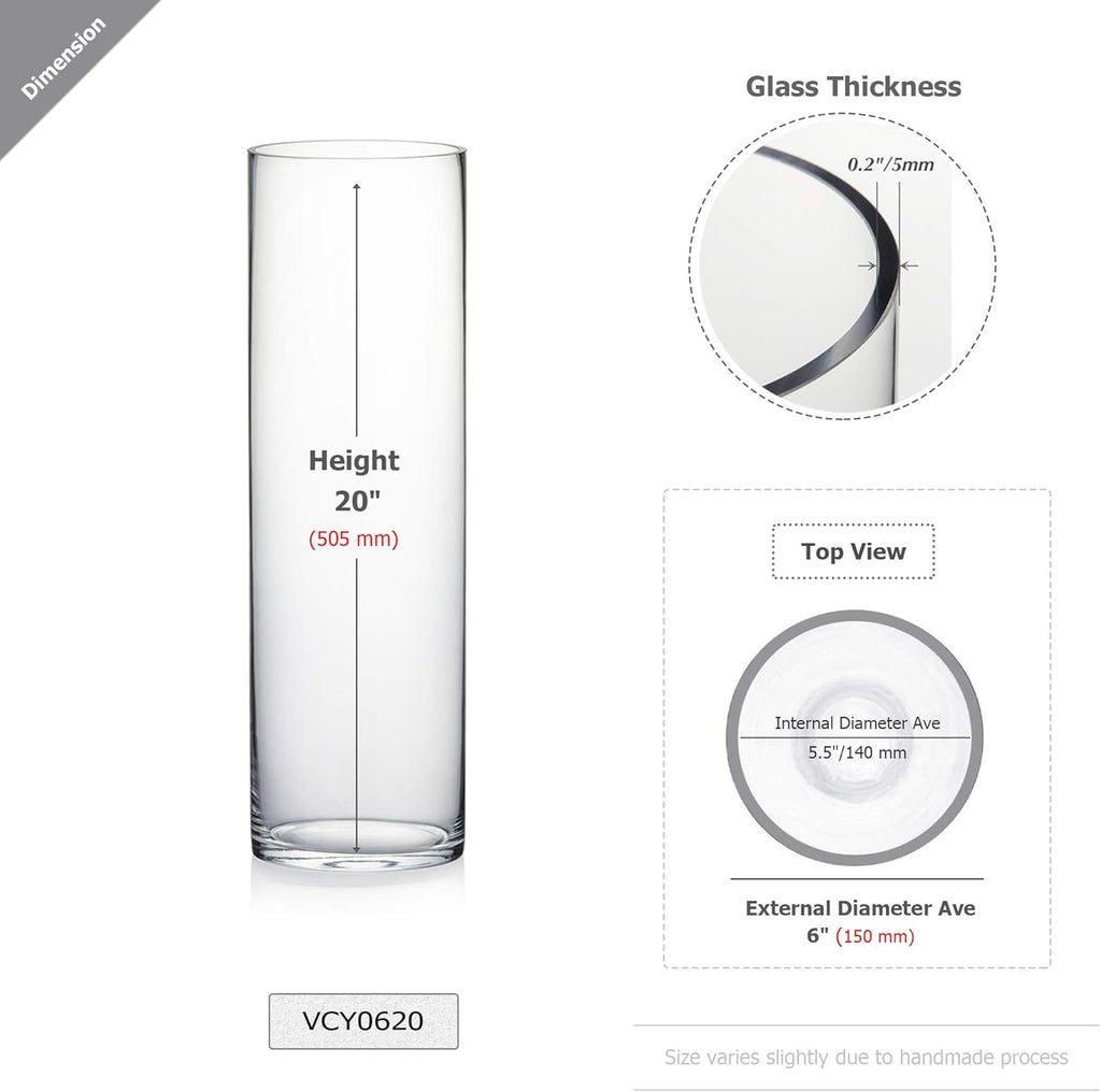 WGV Cylinder Vase Bulk, Width 6", Height 20", Clear Glass Container Terrarium Candle Holder for Wedding Centerpiece, Party Event, Home Office Decor, 6 Pieces