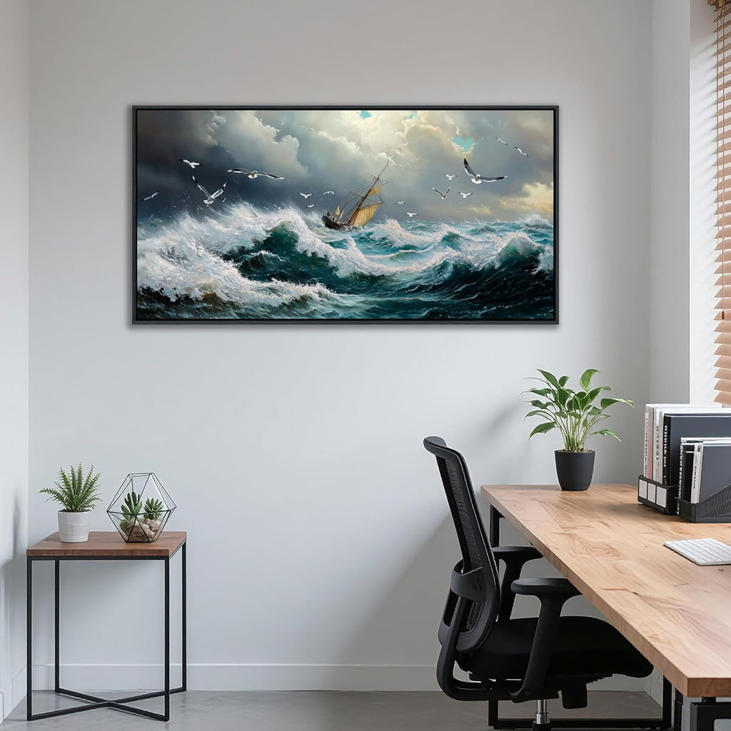 YDYSUNE Ocean Wall Art - Retro White Canvas painting Sailboat Wall Decor Textured Picture Artwork Nautical Adventurer Painting Coastal Art Framed for Living Room Bedroom Home 20x40inch