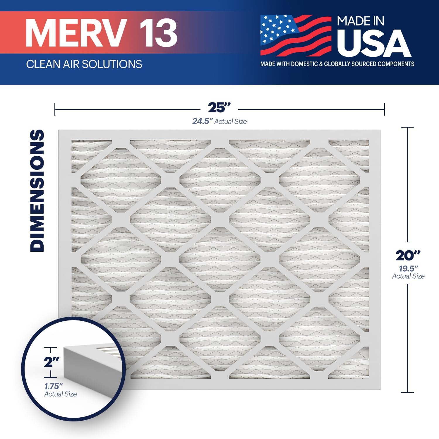 BNX TruFilter 20x25x2 MERV 13 (4-Pack) AC Furnace Air Filter - MADE IN USA - Electrostatic Pleated Air Conditioner HVAC AC Furnace Filters - Removes Pollen, Mold, Bacteria, Smoke