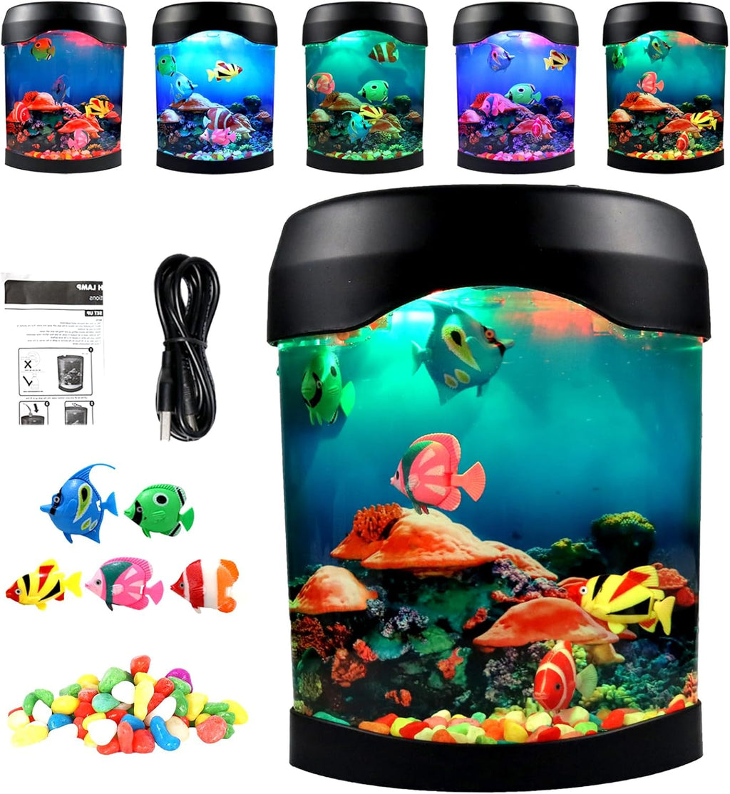 Toycol Fake Fish Lamp, Nightly Lifelike Desk Electric Mood Light, LED Light Tank with 6 Color Changing and (5 Fake Fish) Mini Aquarium for Home Office Deco Adults,Gifts for Kids and Adults