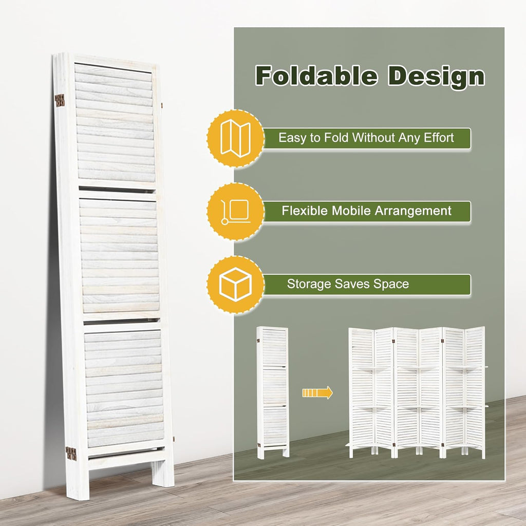 NicBex 6 Panel Room Divider,5.6FT Wood Carved Room Dividers with Display Shelves Folding Privacy Screens Portable Freestanding Partition Wall Dividers for Room Separation,Home Bedroom Office,White