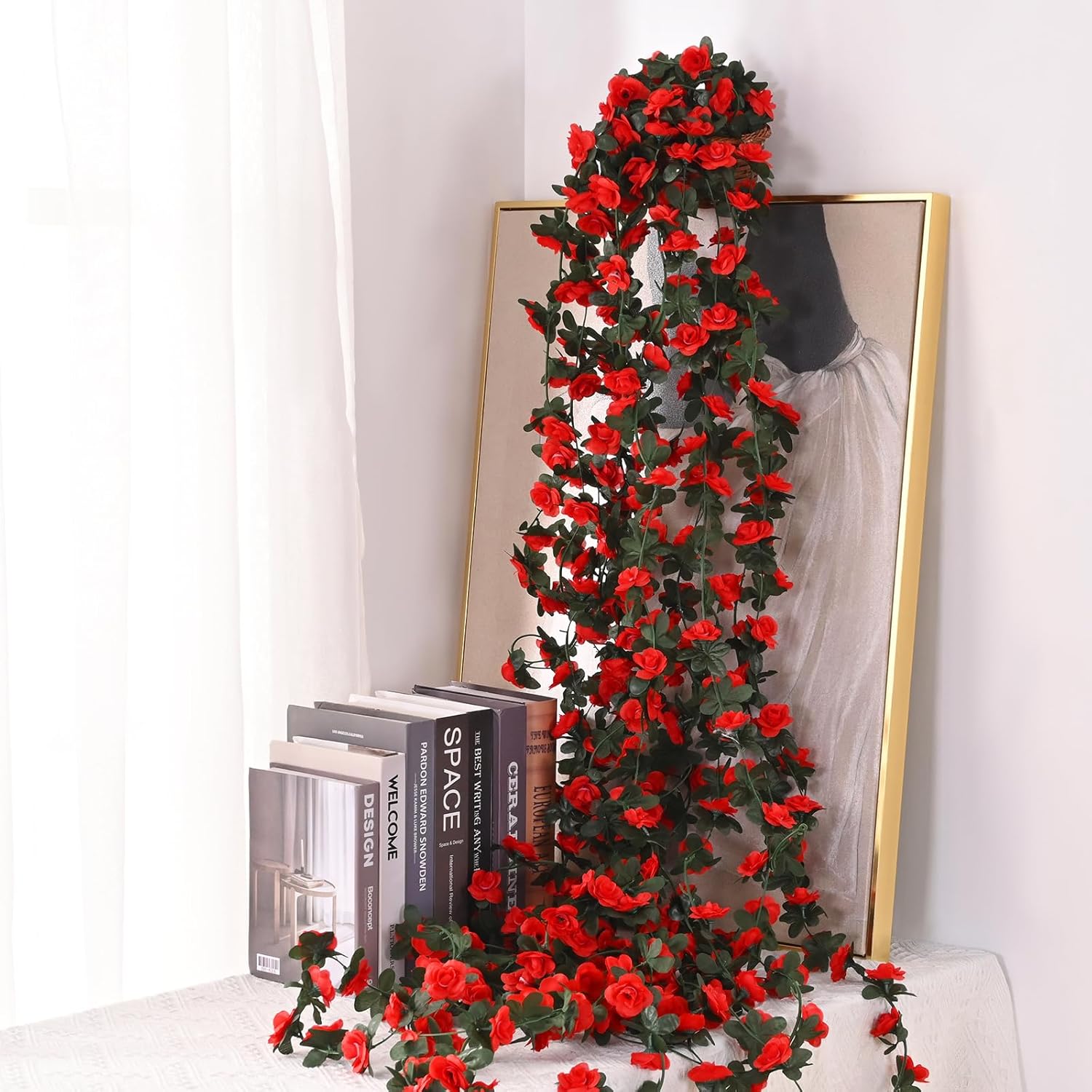 BLEUM CADE 12Pcs 98.4Ft Flower Garland Artificial Rose Vines for Bedroom, Cute Fake Hanging Flower Vines Floral Garland Decorations for Wedding Party Wall Room Decor Aesthetic