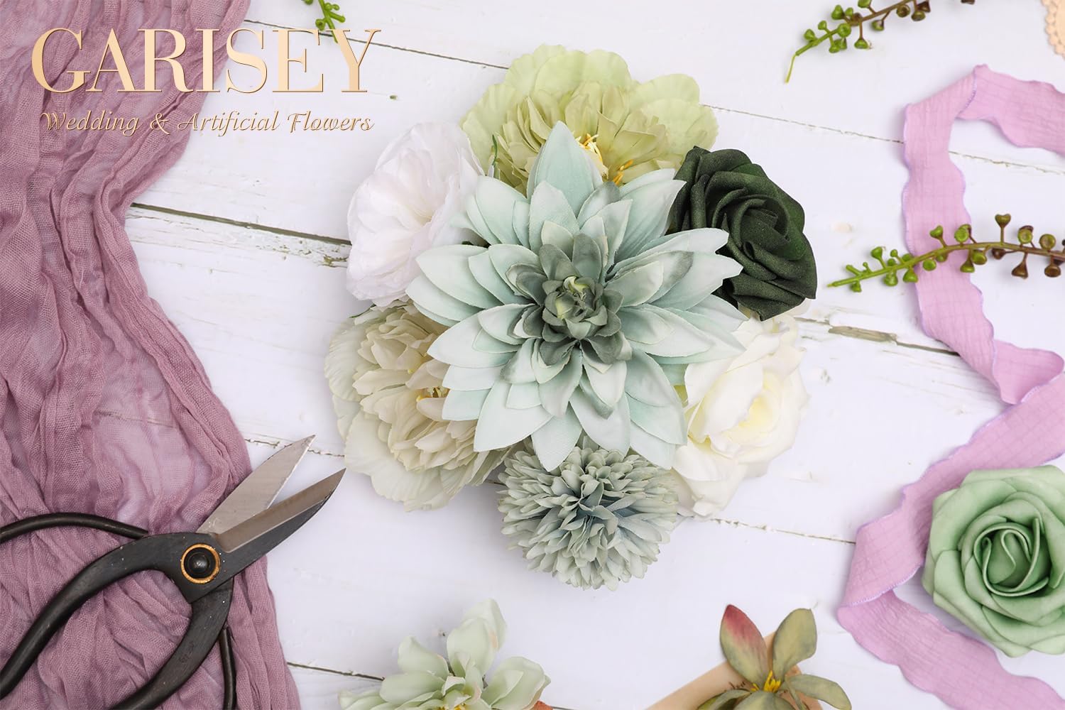 Artificial Flowers Combo, Mix Silk Flowers Roses, Peonies, Dahlias with Stems for DIY Wedding Bridal Bouquet, Baby Shower, Table Centerpieces, Home Decor, Fake Floral Arrangements-Forest Green