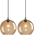 Light Brown Glass Pendant Lights Kitchen Island Globe Pendant Light Fixtures Modern Pendant Lighting for Bedroom Living Dining Room Light Fixture (9.84 in, 2 Pack)