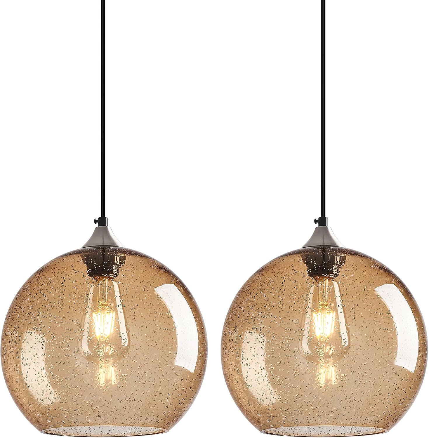 Light Brown Glass Pendant Lights Kitchen Island Globe Pendant Light Fixtures Modern Pendant Lighting for Bedroom Living Dining Room Light Fixture (9.84 in, 2 Pack)