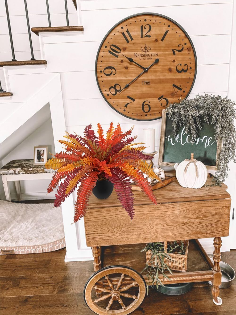 Hollyone Fake Boston Fern in Pot Fall Faux Fern Medium Potted Plant Medium Autumn Decor Plants Outdoor Indoor Autumn Boston Ferns Artificial Plants for Patio Garden Farmhouse Fall Decorations for Home