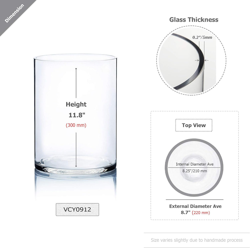WGV Cylinder Vase, Width 9", Height 12", Clear Wide Large Diameter Flower Glassware, Floral Container, Planter Terrarium for Wedding Party Event, Home Accent Decor, 1 Piece