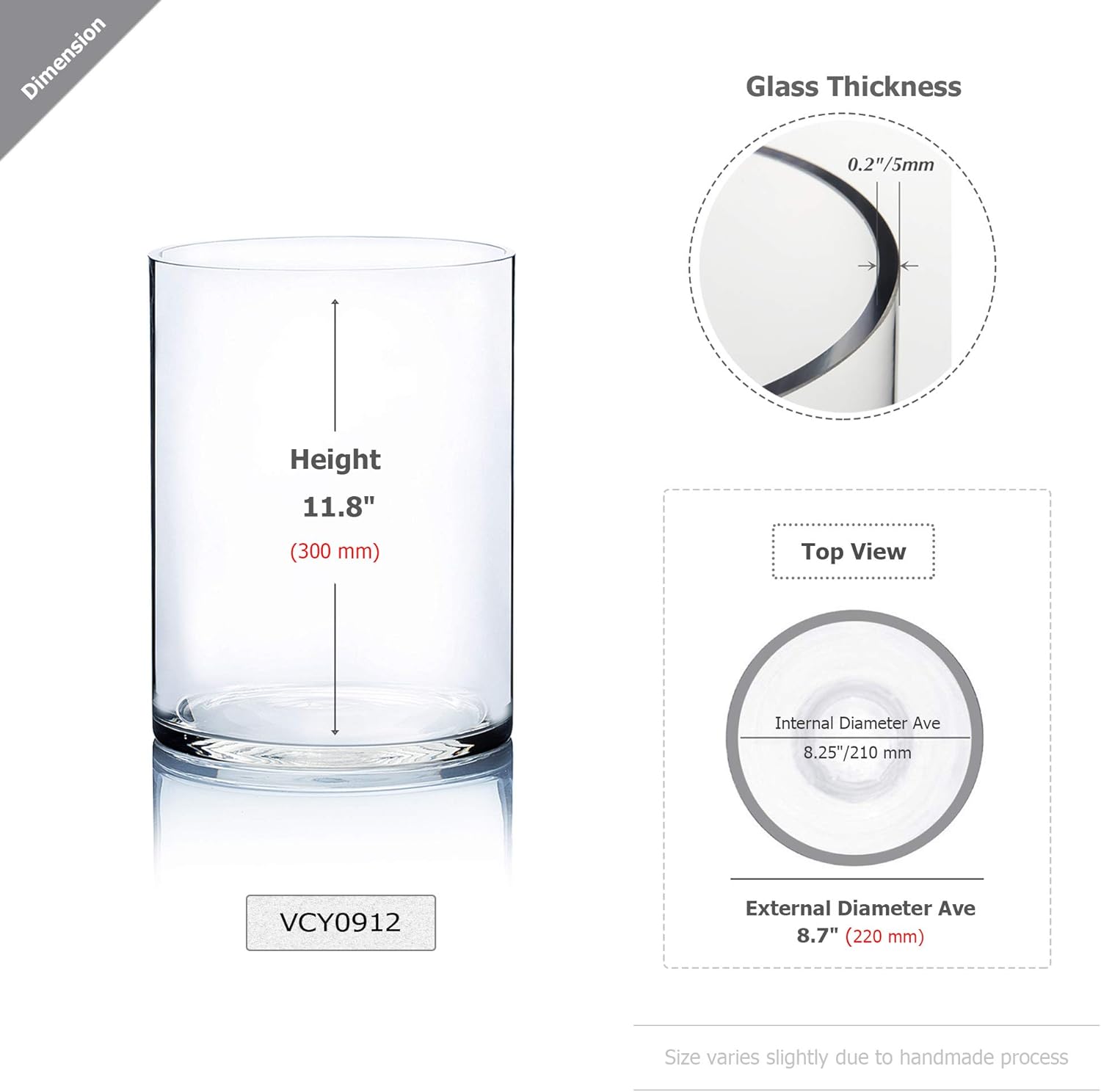 WGV Cylinder Vase, Width 9", Height 12", Clear Wide Large Diameter Flower Glassware, Floral Container, Planter Terrarium for Wedding Party Event, Home Accent Decor, 1 Piece