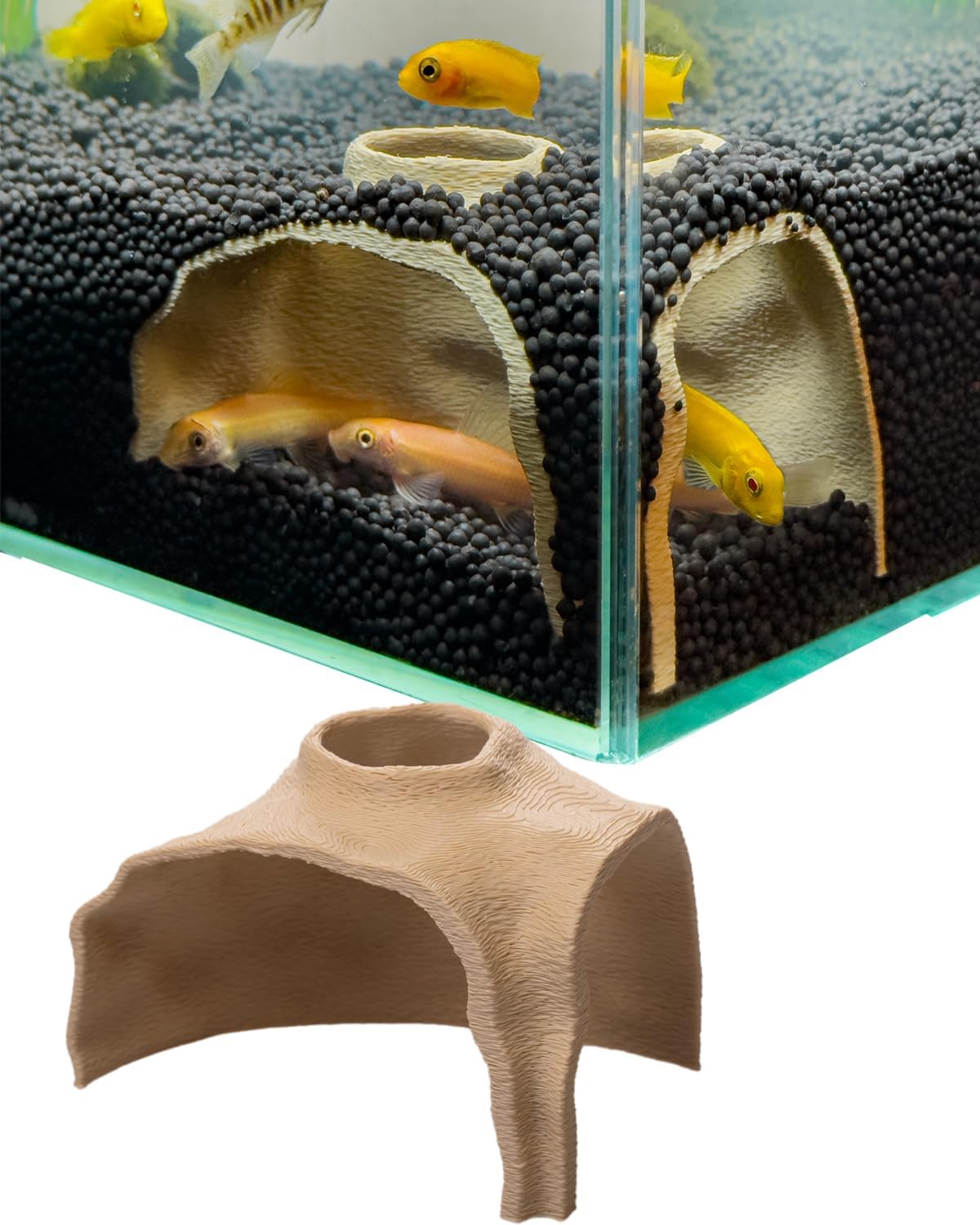 Aquarium Cave – Rock Texture Fish Shelter with 180° Viewing Angle, Fits Fish Tanks for Pleco, Betta, Loaches, Shrimp & Snails – Aquarium Decor & Tunnel (Sand, Small)