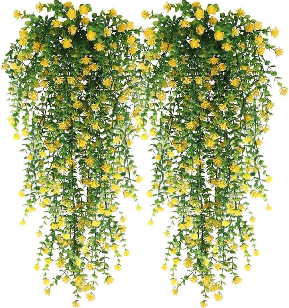 Artificial Hanging Flowers for Outdoor Indoor Decor, 6 Packs Fake Eucalyptus Vine Faux Flower Greenery Garland Plastic Plants Outside UV Resistant Wall Garden Wedding Home Party Decor (Yellow)