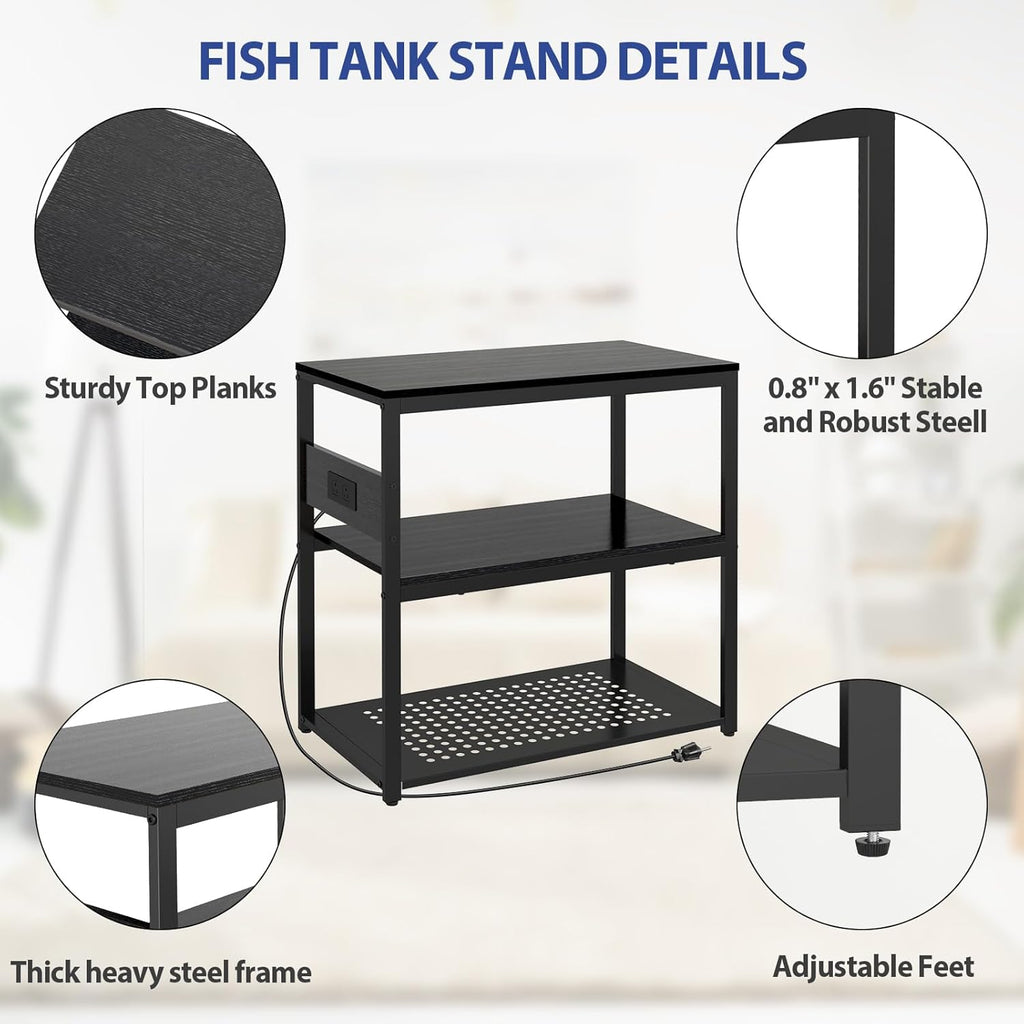 Livofloral 20-29 Gallon Fish Tank Stand with Power Outlets, 3-Tier Metal Aquarium Stand, Breeder Reptile Tank Stand with Shelf for Home Office, 660LBS Capacity, 29.5 x 15.8 x 30.1 inches, Black