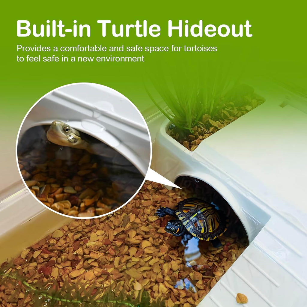 Turtle Tank Acrylic Habitat Kit with Silent Filter & Bottom Drain,UVB Basking Platform Light,Multi-Zone Aquatic Tortoise Enclosure with Hideout,Feeding Area,Plant,Net & Accessories for Baby