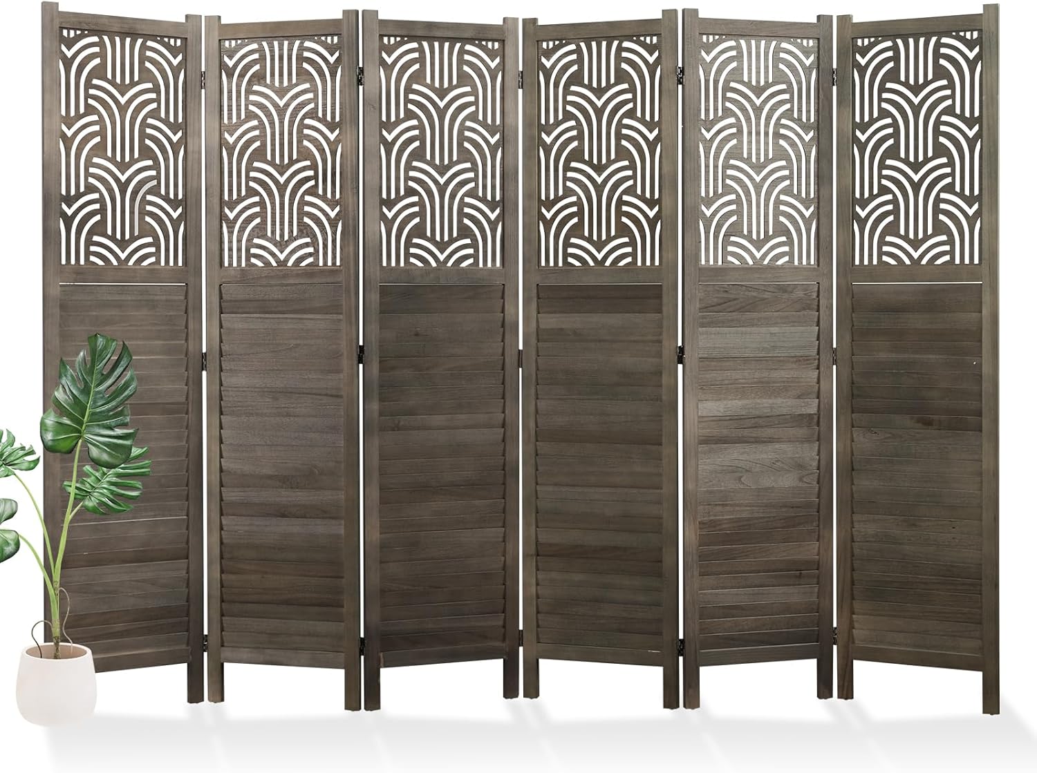 Folding Room Divider, 66.9 Inch 6 Panels Wood Carved Privacy Screens, Free Assembled Freestanding Portable Separation Wall for Home Office Restaurant Bedroom (Gray)