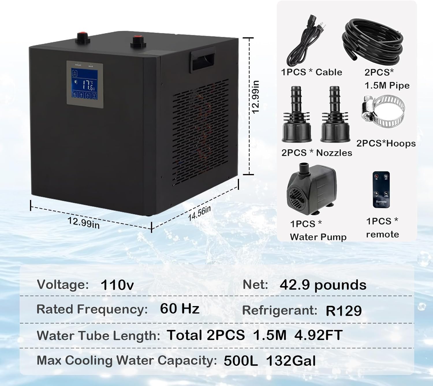 132 Gallon Aquarium Chiller,LED Display Fish Tank Chiller, 1/2 HP Active Aqua Chiller for Axolotl, Water Chiller with Pump, Nozzles and Hoops Ideal for Coral Reef Shrimp