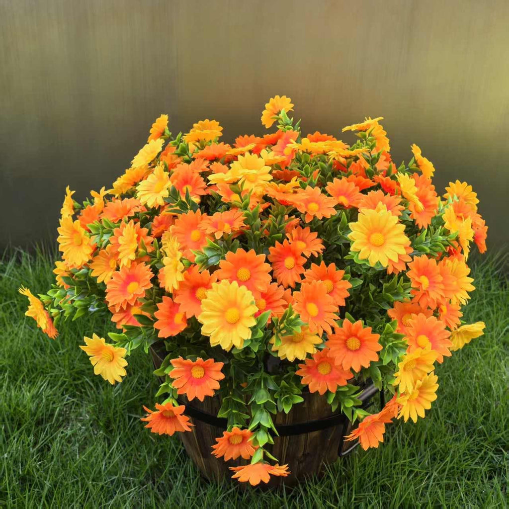 Artificial Fake Flowers Plants for Outdoor Decoration, Faux Flower Yellow Orange Daisy with Eucalyptus Leaves for Planter Front Door Porch Patio Balcony Decoration, 10 Bundles