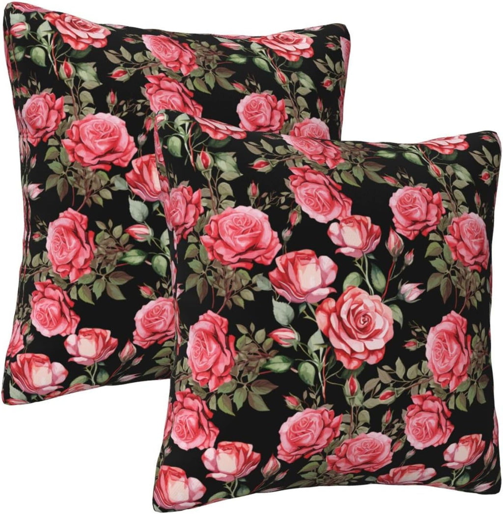 Pink Roses Floral Throw Pillow Covers Set of 2 Ultra-Soft All-Season Shams with Hidden Zipper,Durable for Sofa Bed Car Decor & Gift 18x18IN